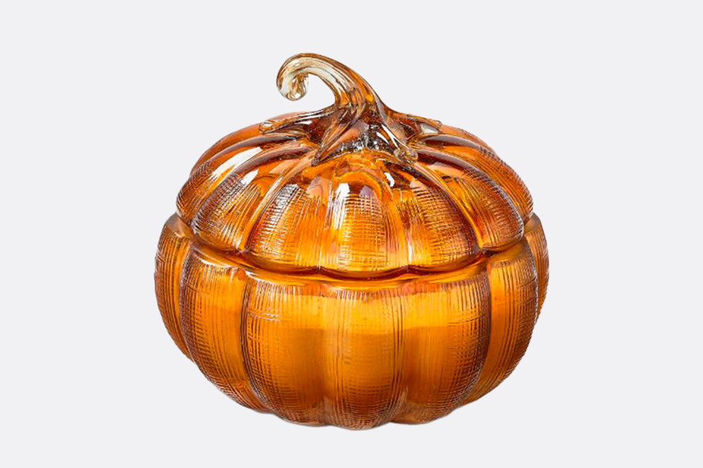 re-usable glass pumpkin candle with scent of pumpkin, vanilla, and nectarine