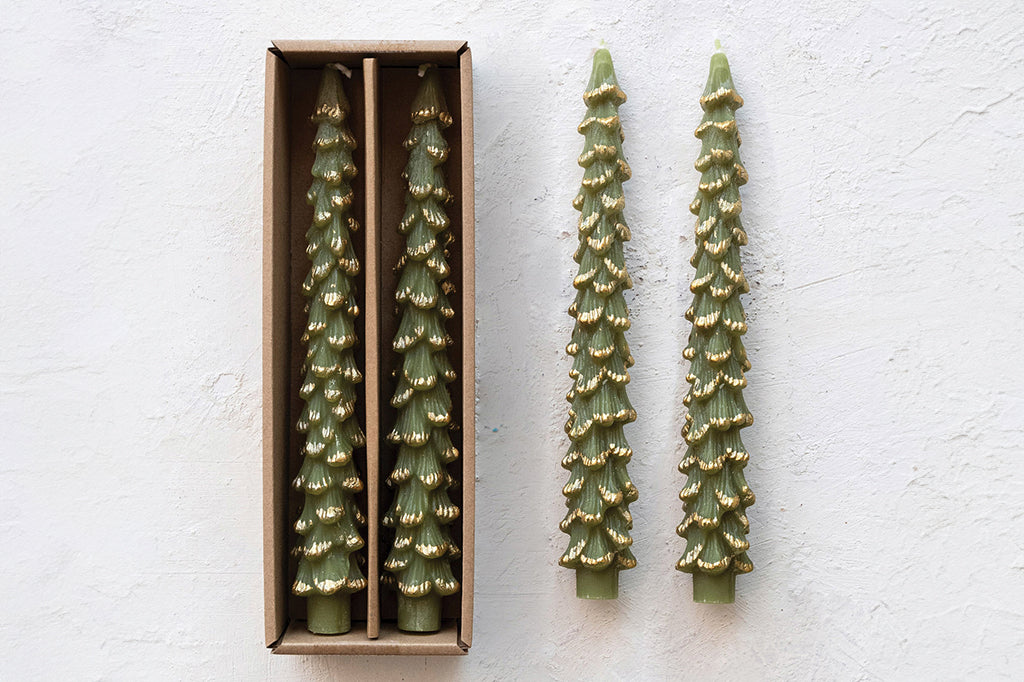 tree shaped taper candles in green color with gold trimming on edges