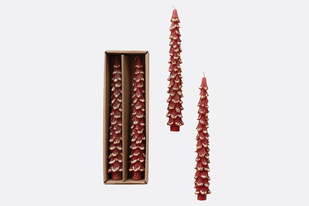 crimson tree shaped taper candle with gold trim 