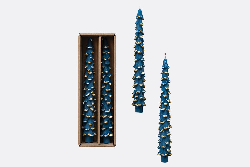 Tree shaped taper candles in blue with gold trimming 