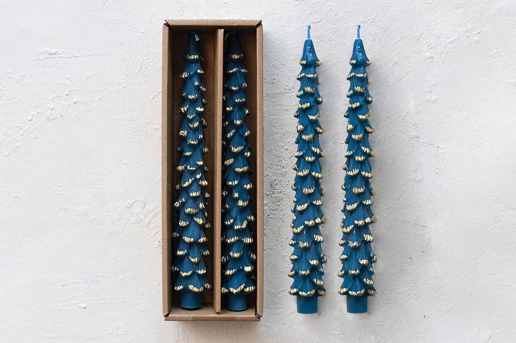 Tree shaped taper candles in blue with gold trimming 