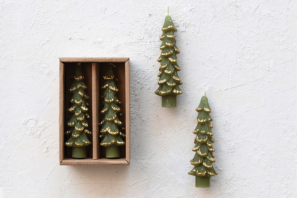 tree shaped taper candles in green color with gold trimming on edges