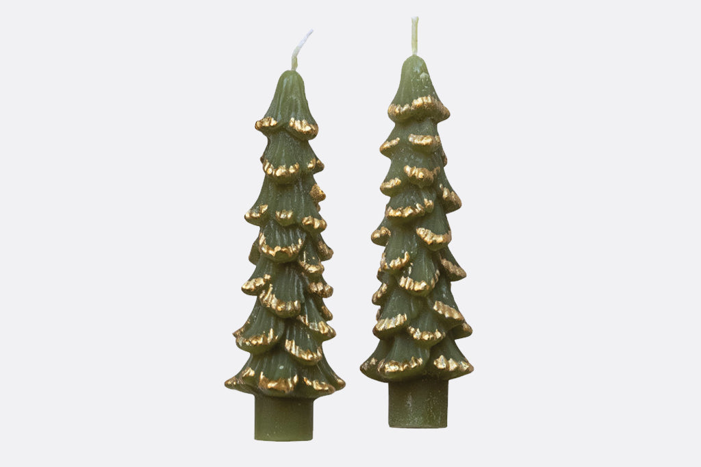 tree shaped taper candles in green color with gold trimming on edges 