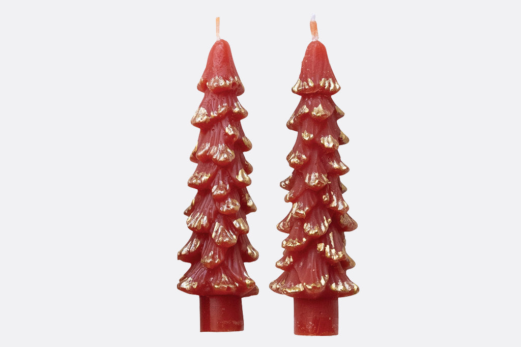 tree shaped taper candles in red color with gold trimming on edges