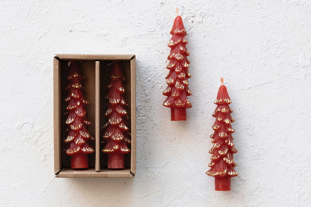 tree shaped taper candles in red color with gold trimming on edges