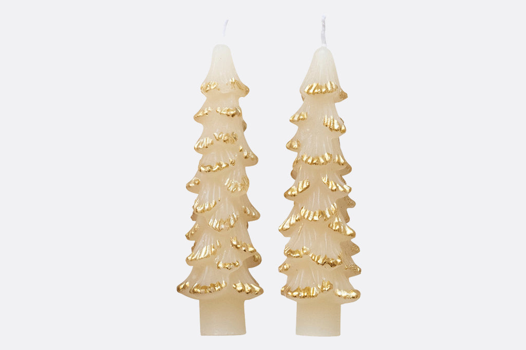 tree shaped taper candles in cream color with gold trimming on edges 