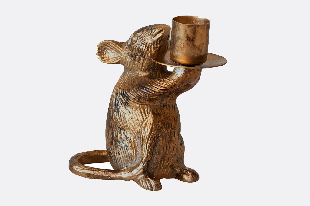 Taper Candleholder in tarnished bronze finish shaped like a mouse