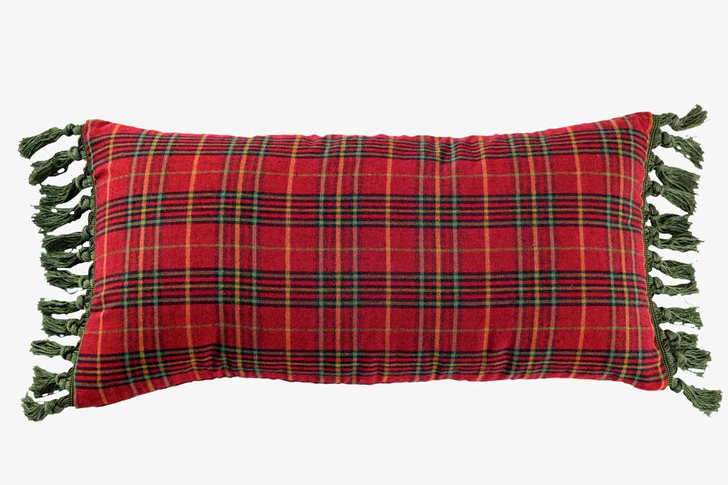 red tartan plaid lumbar throw pillow with green tassel fringe