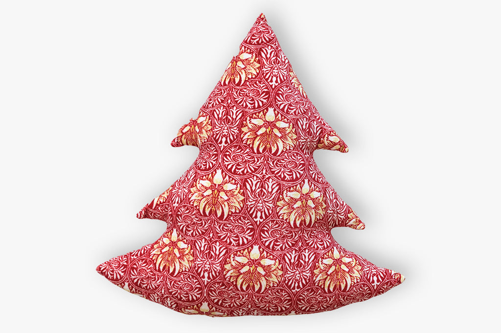 tree shaped velvety pillow with English floral design in cream and red