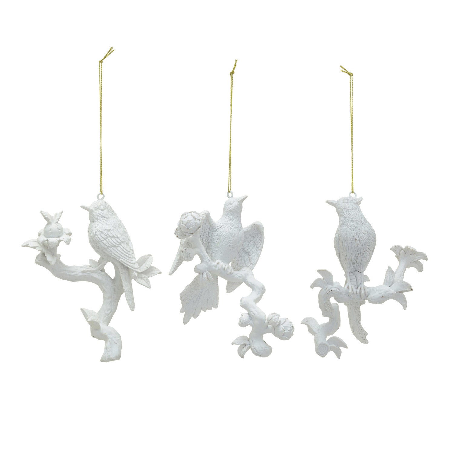 3 white bird ornaments with gold thread shown as a set of 3