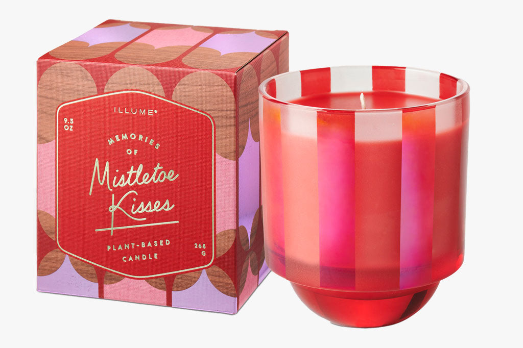 pinky-red striped candle glass with red wax. bowl-like base - comes in colorful giftbox