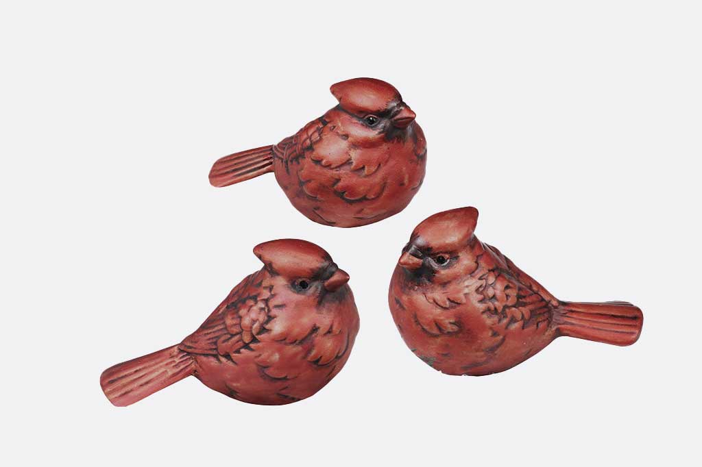 Set of three red cardinal bird figurines 