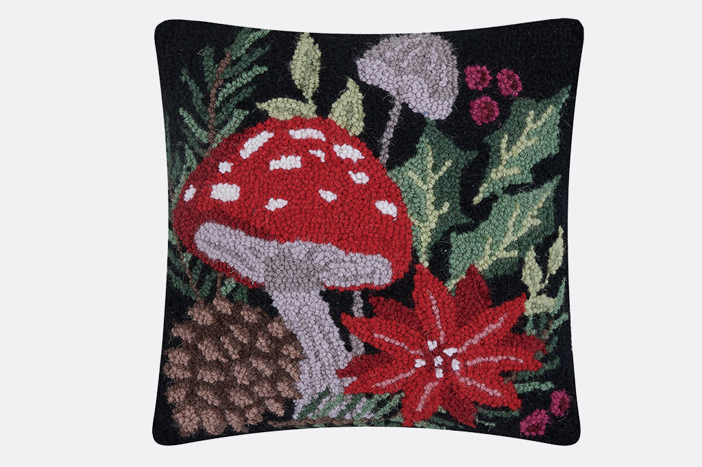 mushroom, pinecone, poinsettia, and holly leaves hooked pillow 