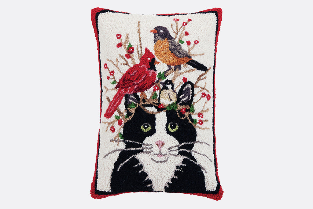 Black cat with pair of birds seated on berry branches hooked pillow