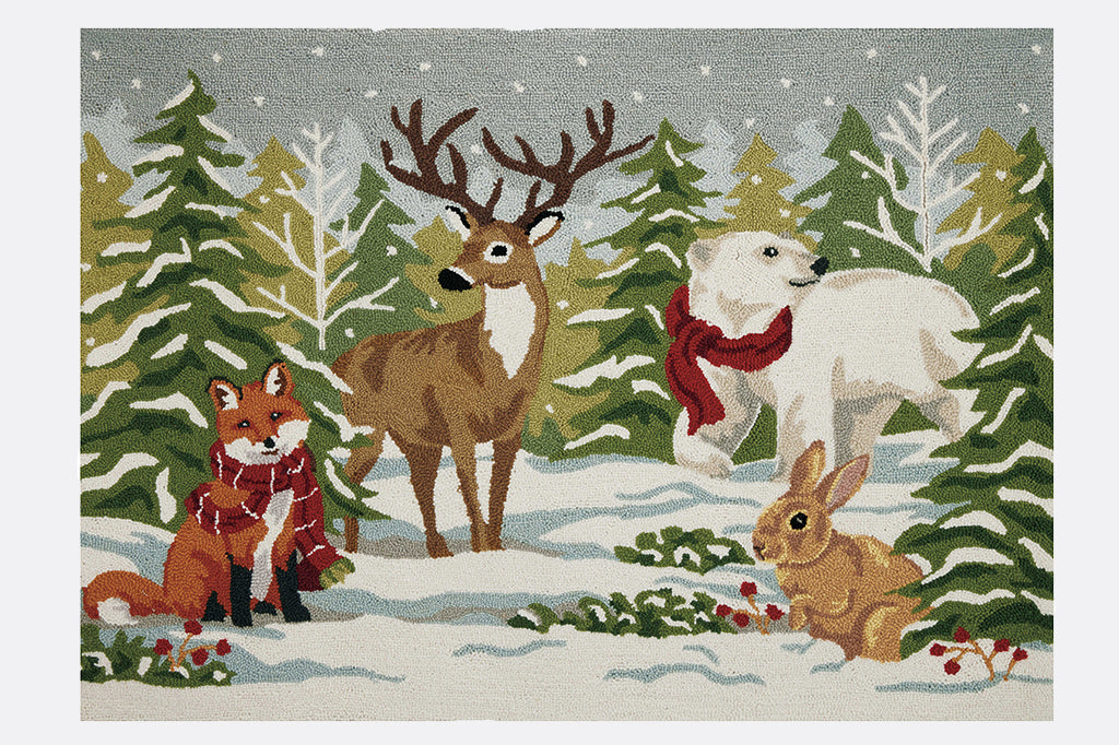 hooked rug with red fox with scarf, deer, polar bear with scarf, and bunny in snowy winter forest scene 