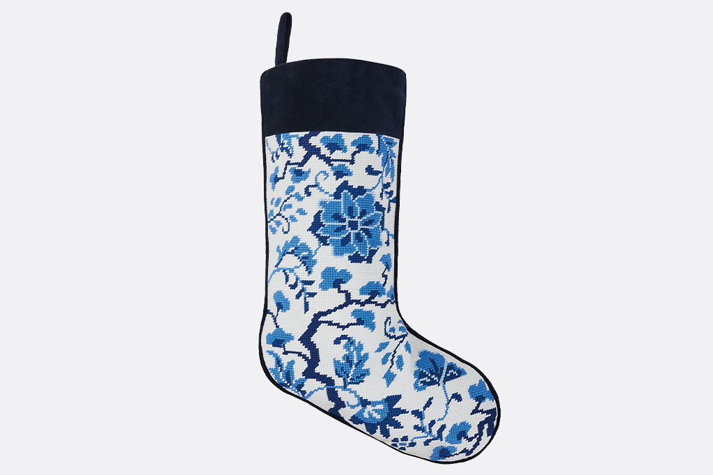 needlepoint blue and white floral stocking 