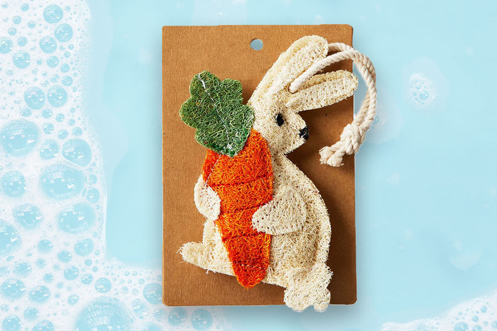 Compostable loofah dish scrubber, featuring bunny holding a carrot