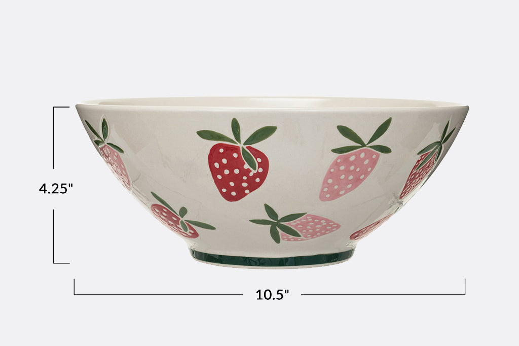 Strawberry stoneware serving bowl, featuring pink and red strawberries with green leaves. Green band on the footed bottom.  