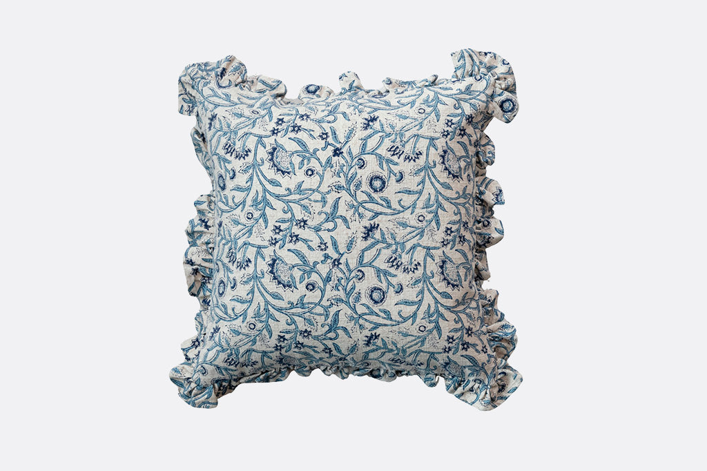 blue vines on linen color throw pillow with ruffles