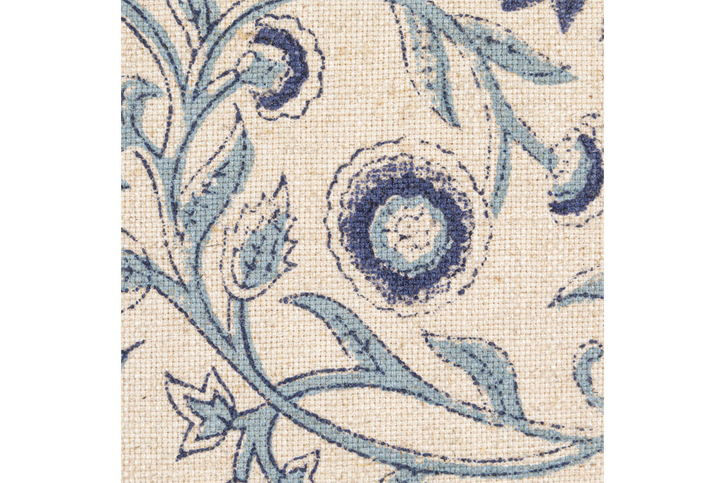 close up print detail on throw pillow - blue vines and flowers on linen cotton fabric
