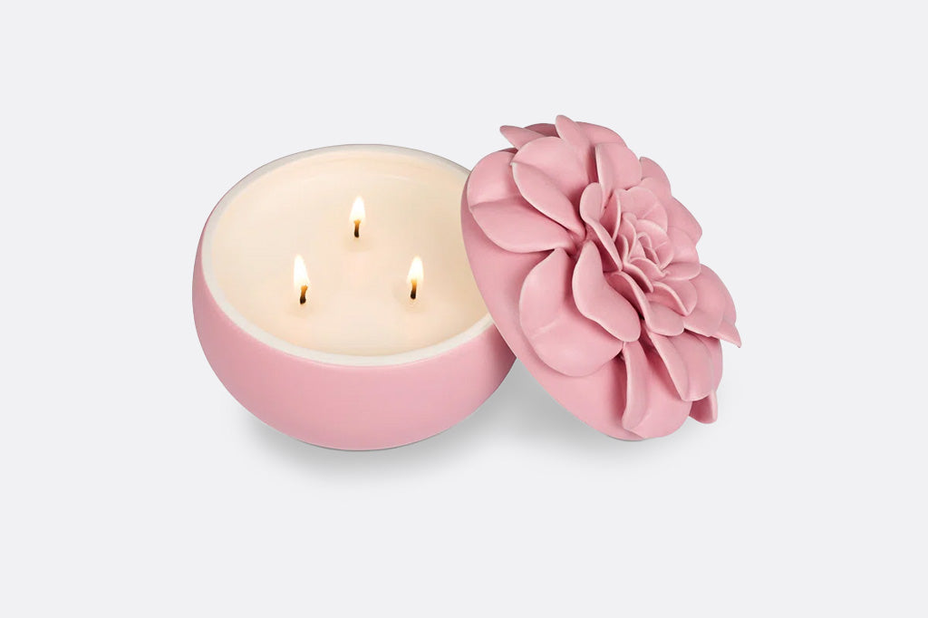 3 wick candle with ceramic 3D blossom lid. Shown with lid off and 3 wicks lit. soy wax