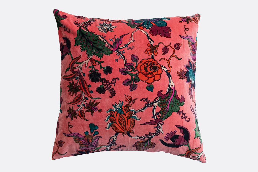 floral with wines and swirls coral velvet square pillow