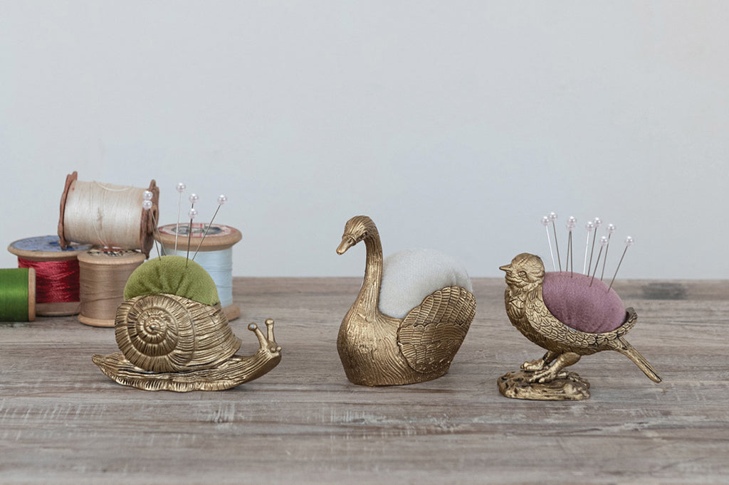 Set of three pin cushions, gold gilded animal shaped pin cushions, snail, swan 