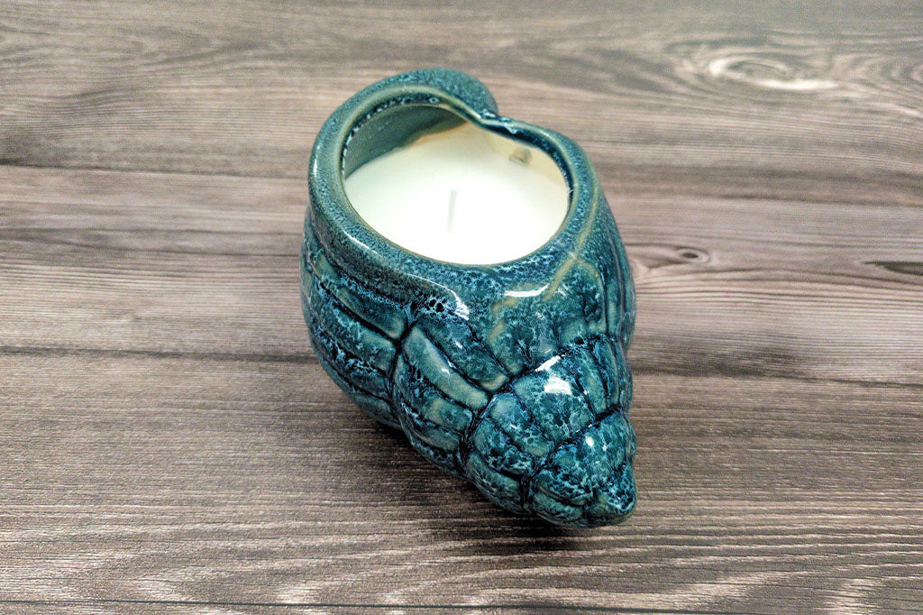 blue-green seashell stoneware citronella candle on wood table