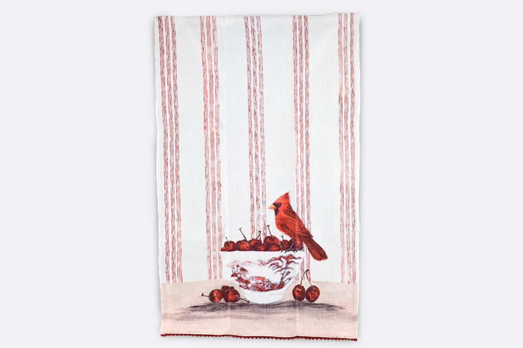 A set of four tea towels with red blue, yellow, and brown stripes. Each Towel features a bird stood upon a pile of assorted fruits.