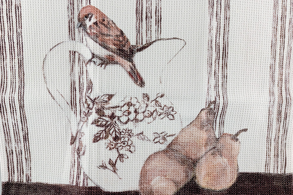 A set of four tea towels with red blue, yellow, and brown stripes. Each Towel features a bird stood upon a pile of assorted fruits.