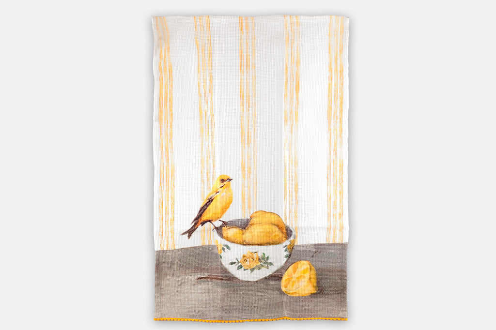 A set of four tea towels with red blue, yellow, and brown stripes. Each Towel features a bird stood upon a pile of assorted fruits.