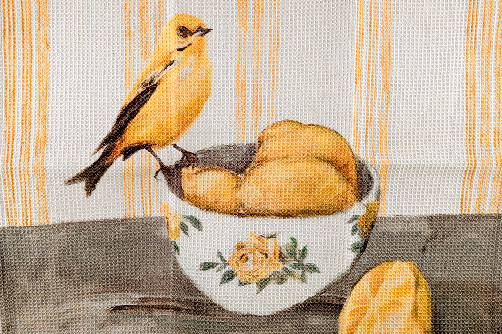 A set of four tea towels with red blue, yellow, and brown stripes. Each Towel features a bird stood upon a pile of assorted fruits.