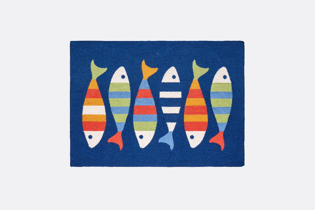 Hooked wool doormat/rug with colorful fish pattern on a blue background