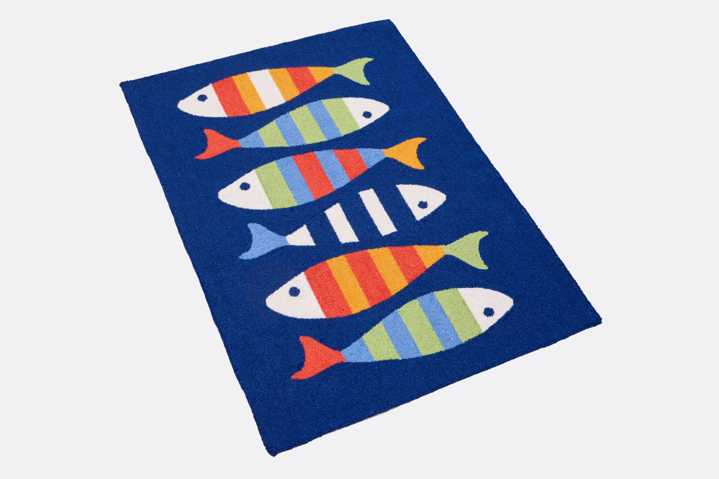 Hooked wool doormat/rug with colorful fish pattern on a blue background
