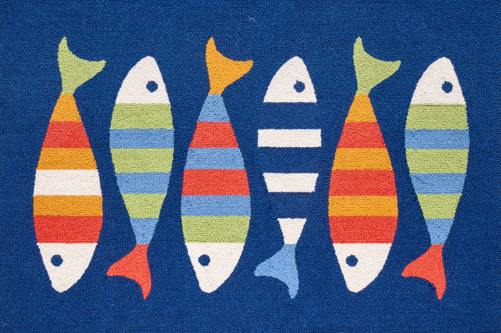 detail view of Hooked wool doormat/rug with colorful fish pattern on a blue background