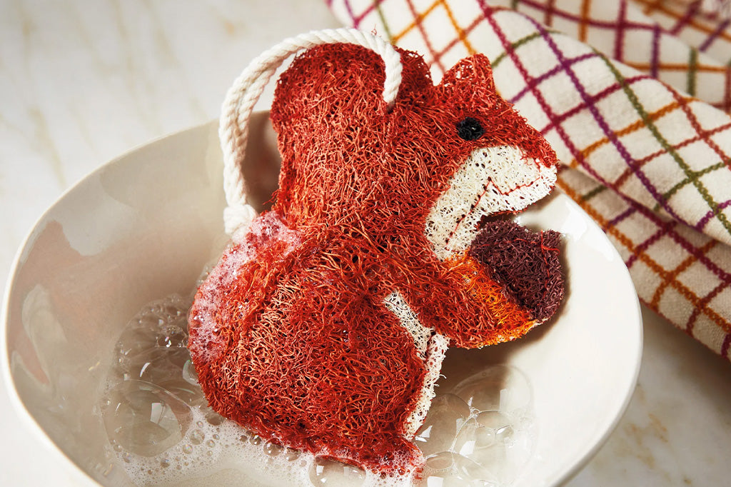 Red squirrel-shaped scrubber on a white plate with a checkered cloth in the background