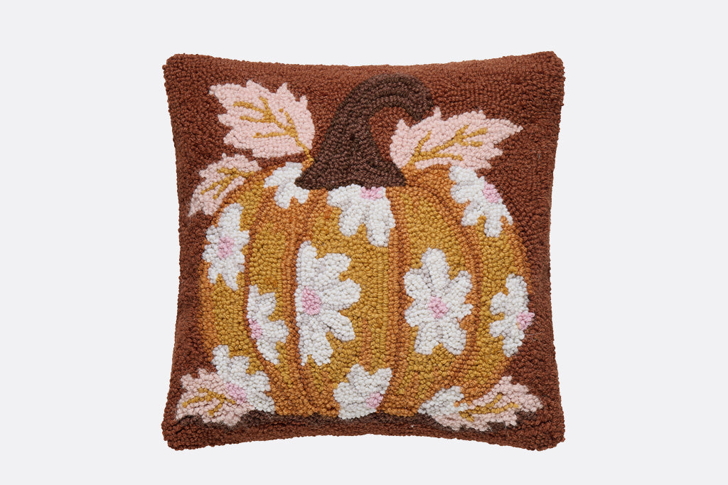 pumpkin pillow with pink flowers