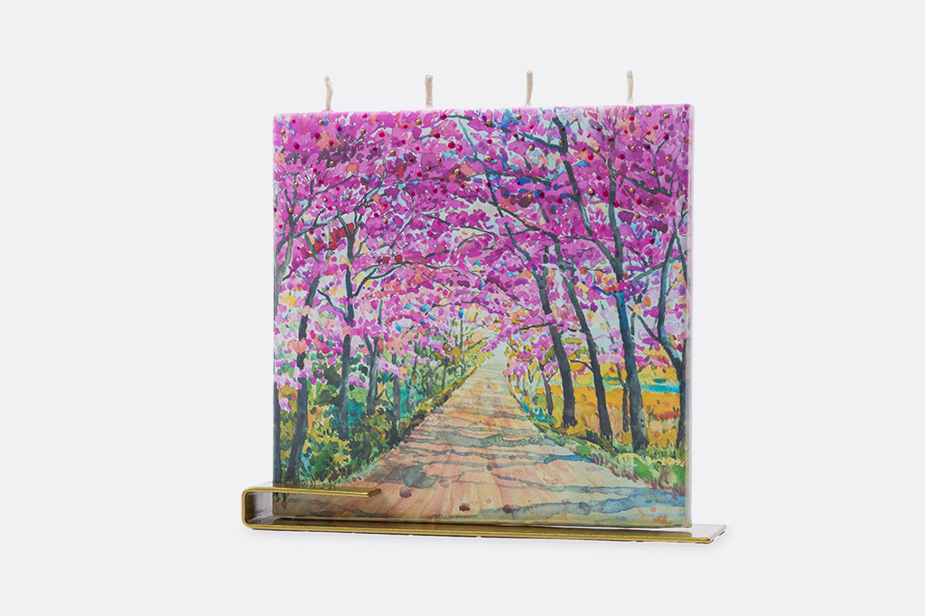 Painting of a path lined with pink cherry blossom trees on a white background
