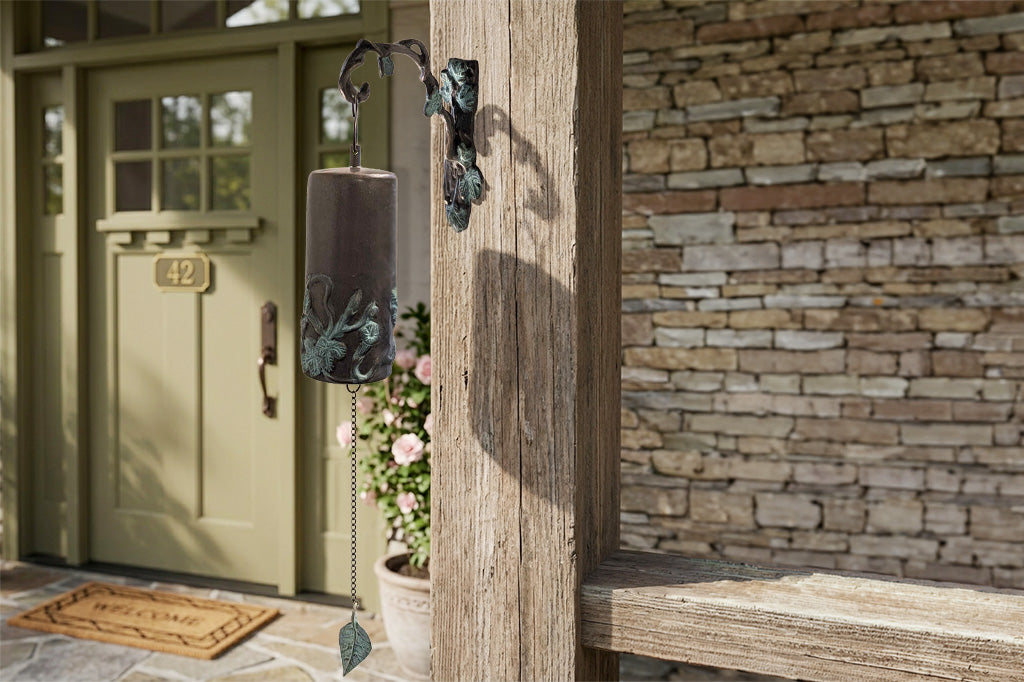 Decorative bell on a wooden post outside a house with a stone wall and door.