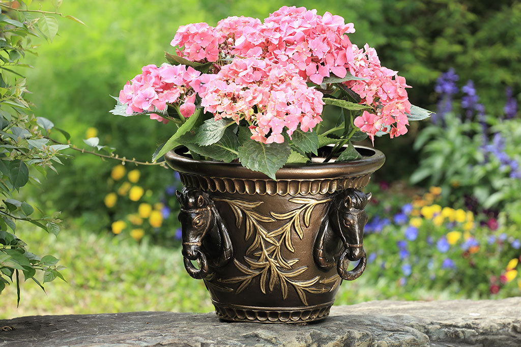 cast metal planter with horse head motifs on exterior shown in garden with potted pink hydrangea plant