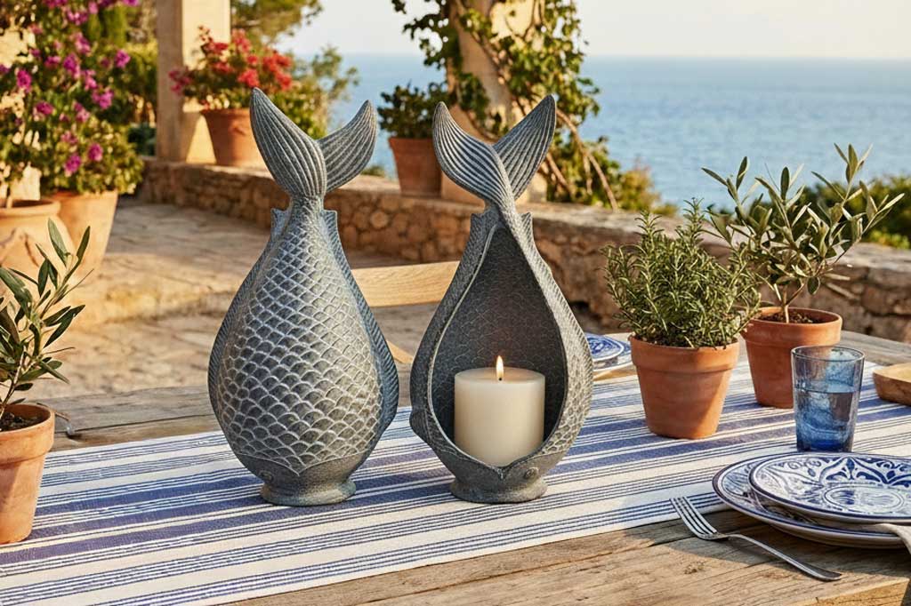 Front and back shown of cast metal candleholders shaped like fish standing on end; Riviera-themed outdoor dining table scene with sunny patio, blue dishes, and potted herbs