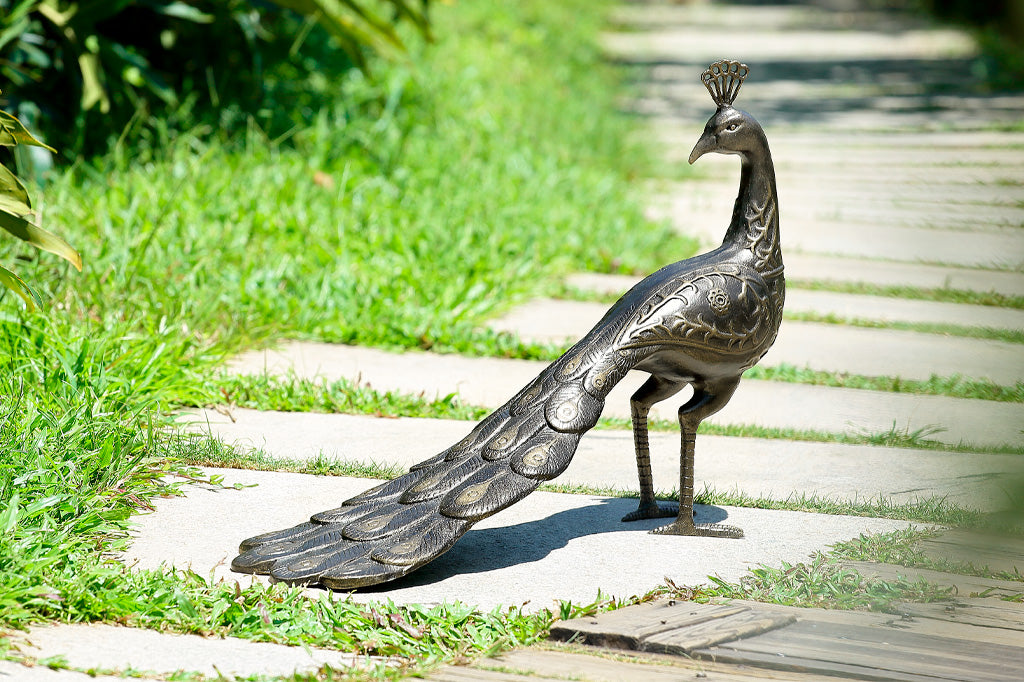Sculpted cast metal peacock sculpture on sidewalk