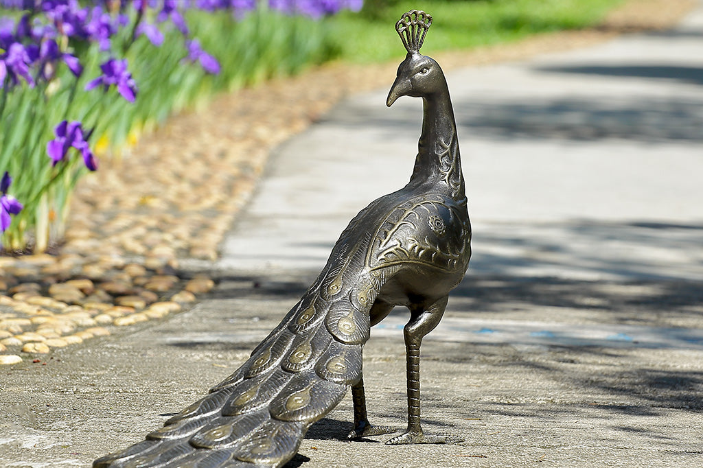 Sculpted cast metal peacock sculpture on sidewalk by purple irises