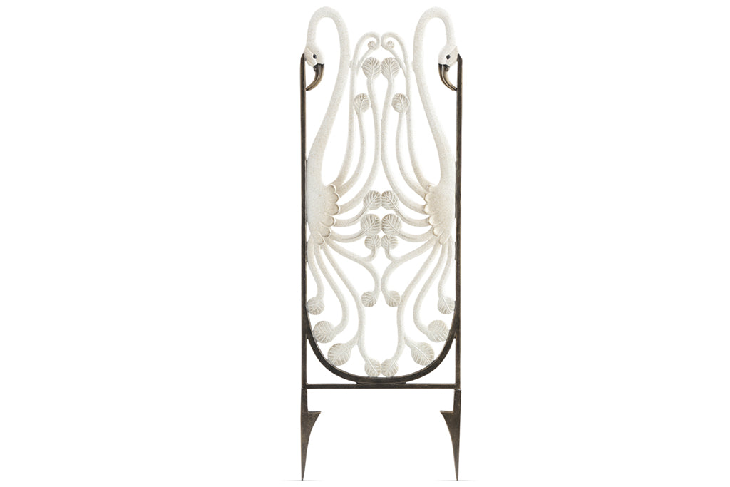 Art Nouveau style trellis featuring 2 swans in white with bronze spatter highlights, finished on both sides