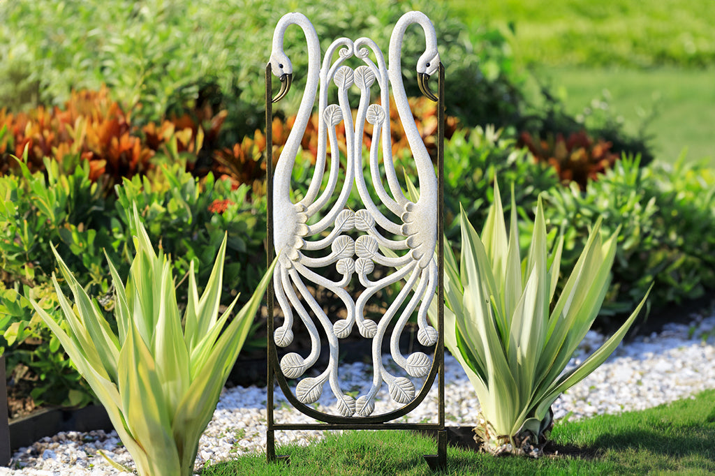 Art Nouveau style trellis featuring 2 swans, finished in white with bronze spatter highlights