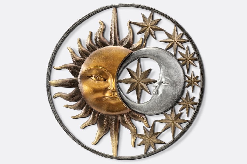 Sun and moon and stars enclosed in circular wall plaque