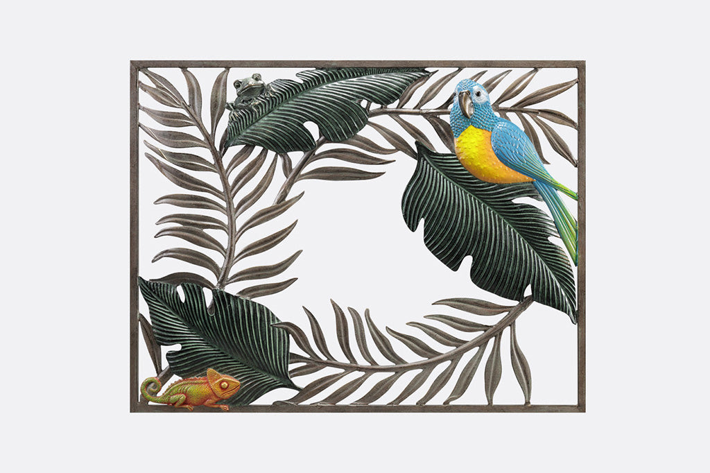 large wall plaque featuring a parrot, frog, and chameleon