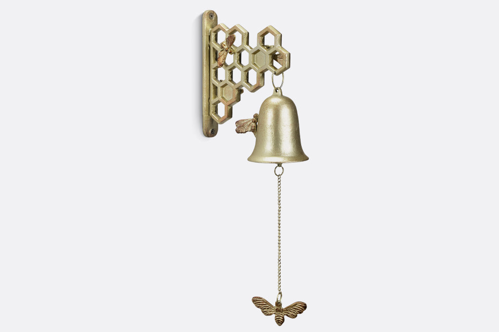 Metal honeycomb and bee, mounted garden bell 