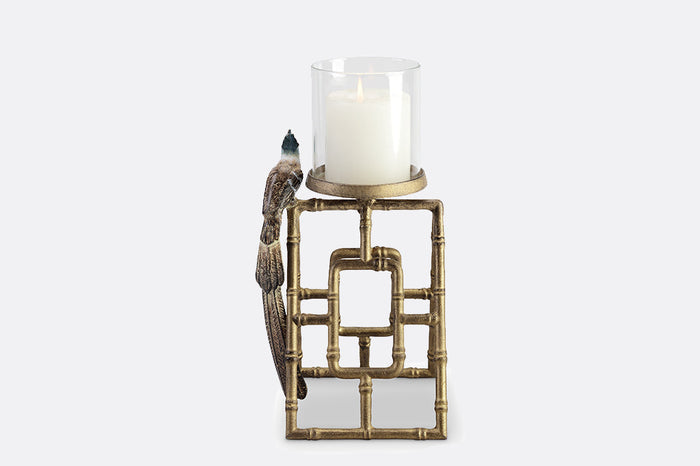 Asian theme candlestand cast to look like bamboo with perched bird