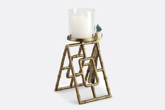 Asian theme candlestand cast to look like bamboo with perched bird